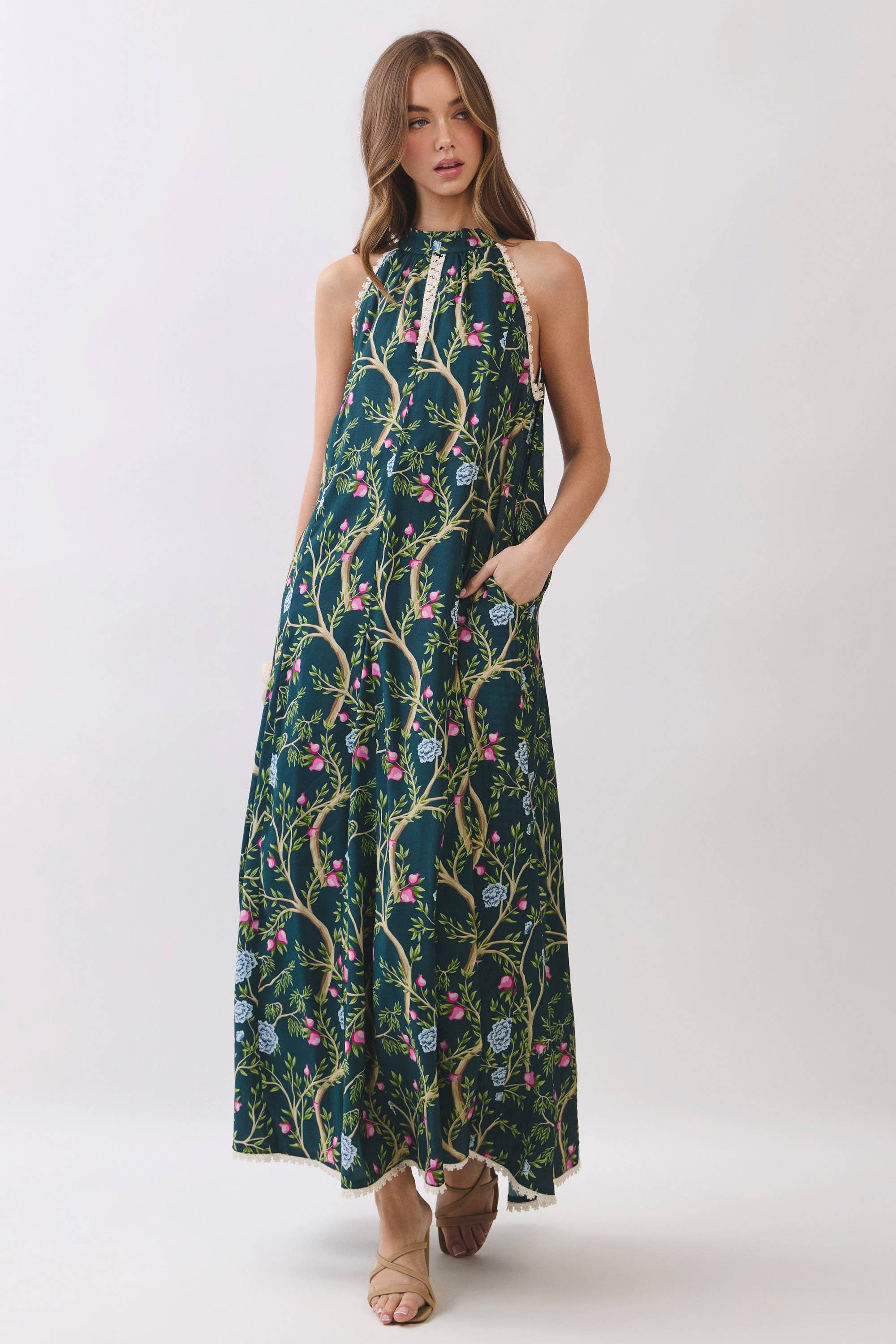 Floral Vine Print Halter Neck Maxi Dress