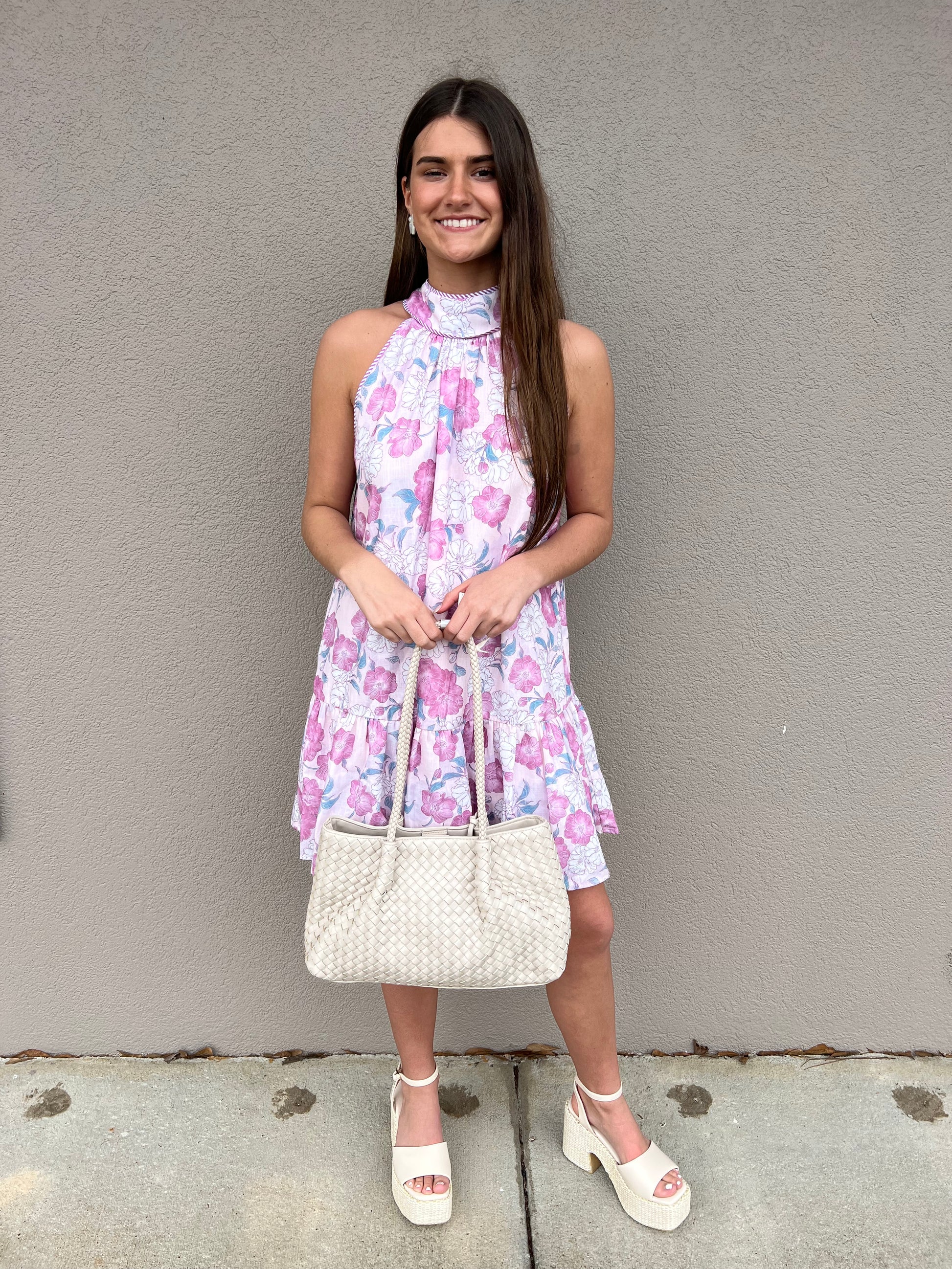 Floral Halter Swing Dress - Pink / S Floral Halter Swing Dress - Pink / S