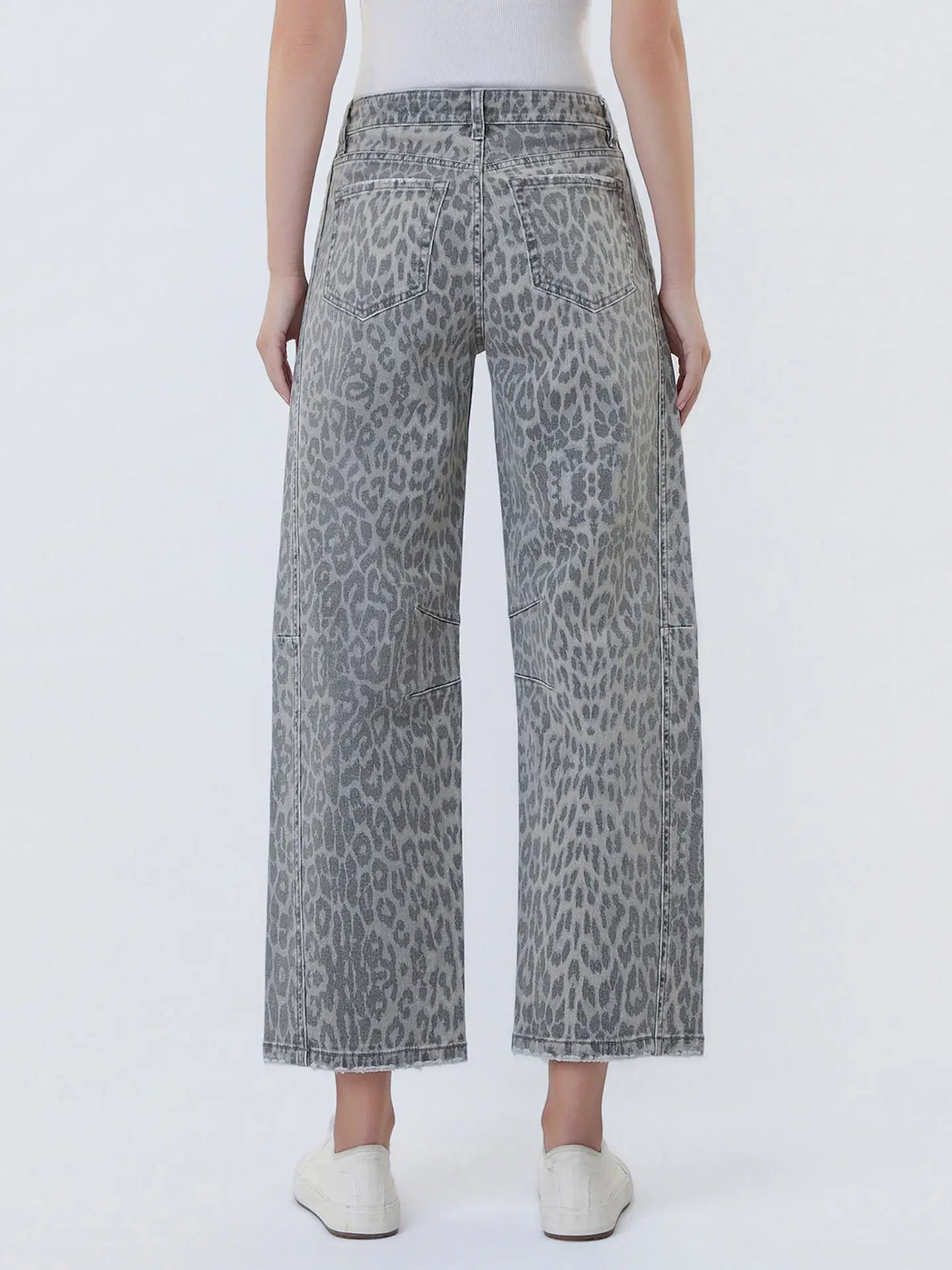 High Rise Drawstring Grey Leopard Barrel Jeans