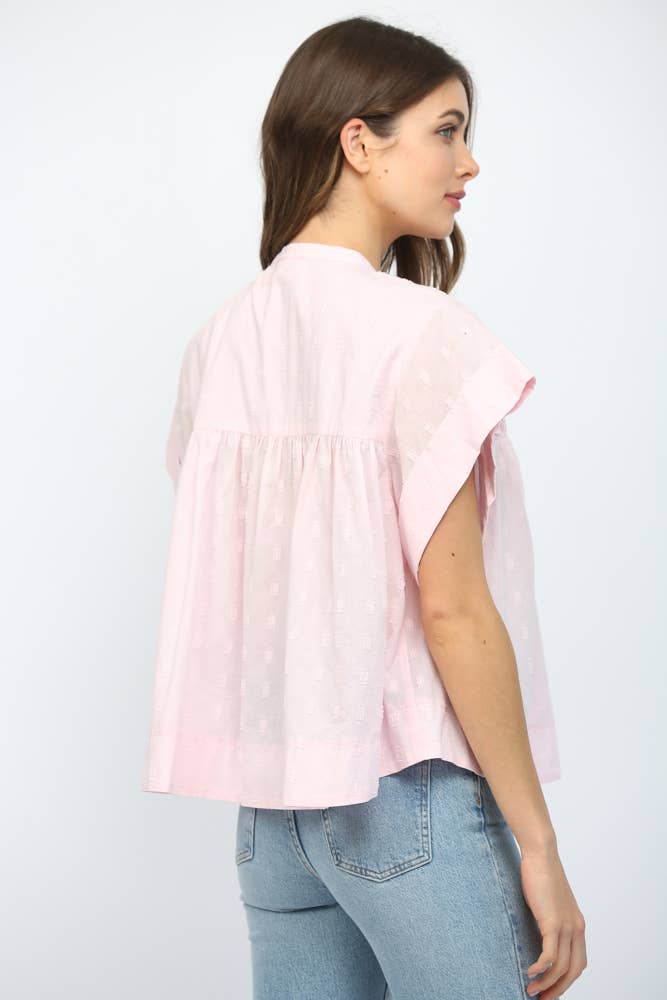 SLEEVLESS RUFFLED BUTTON UP TOP