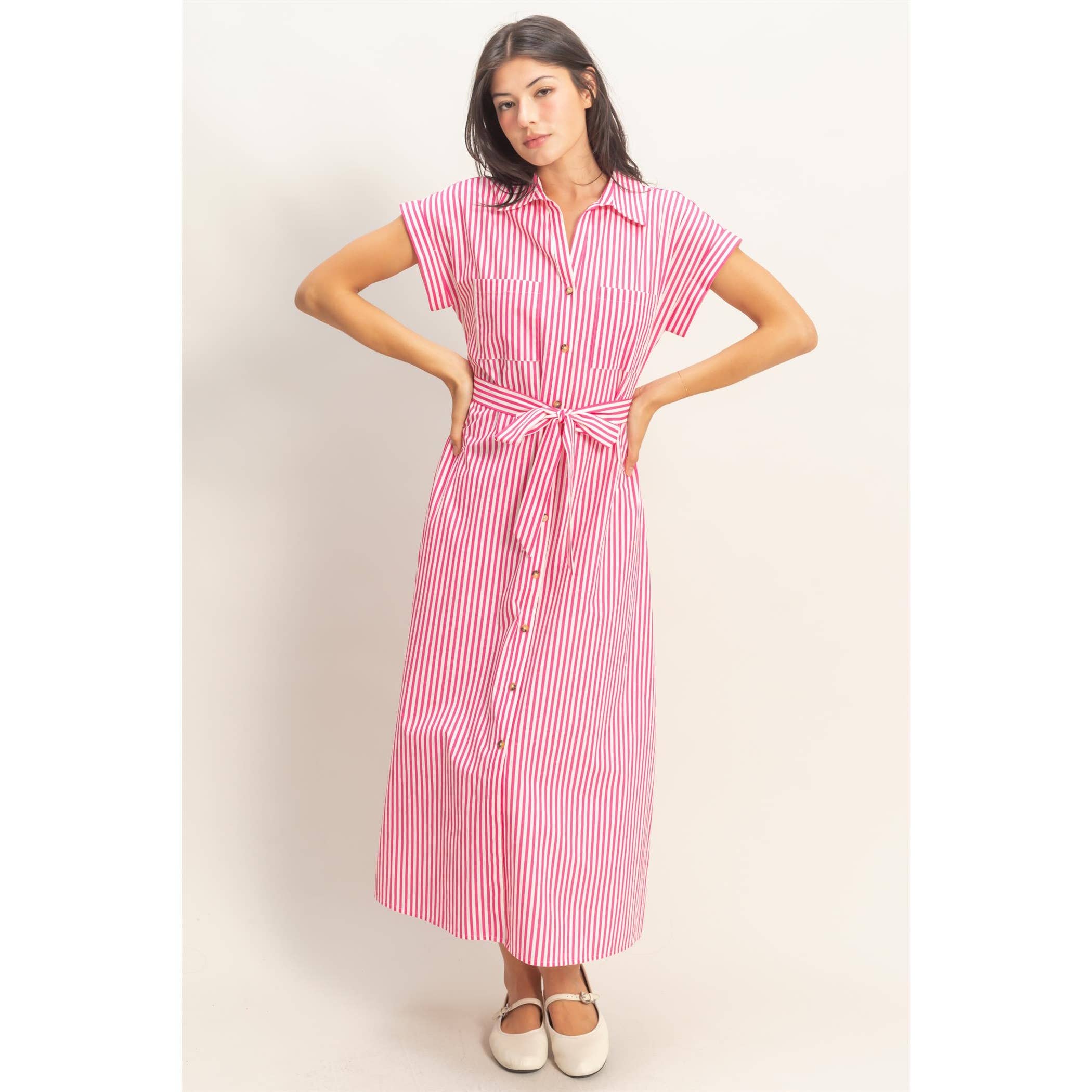 Striped Poplin Belted Shirt Dress With Pockets