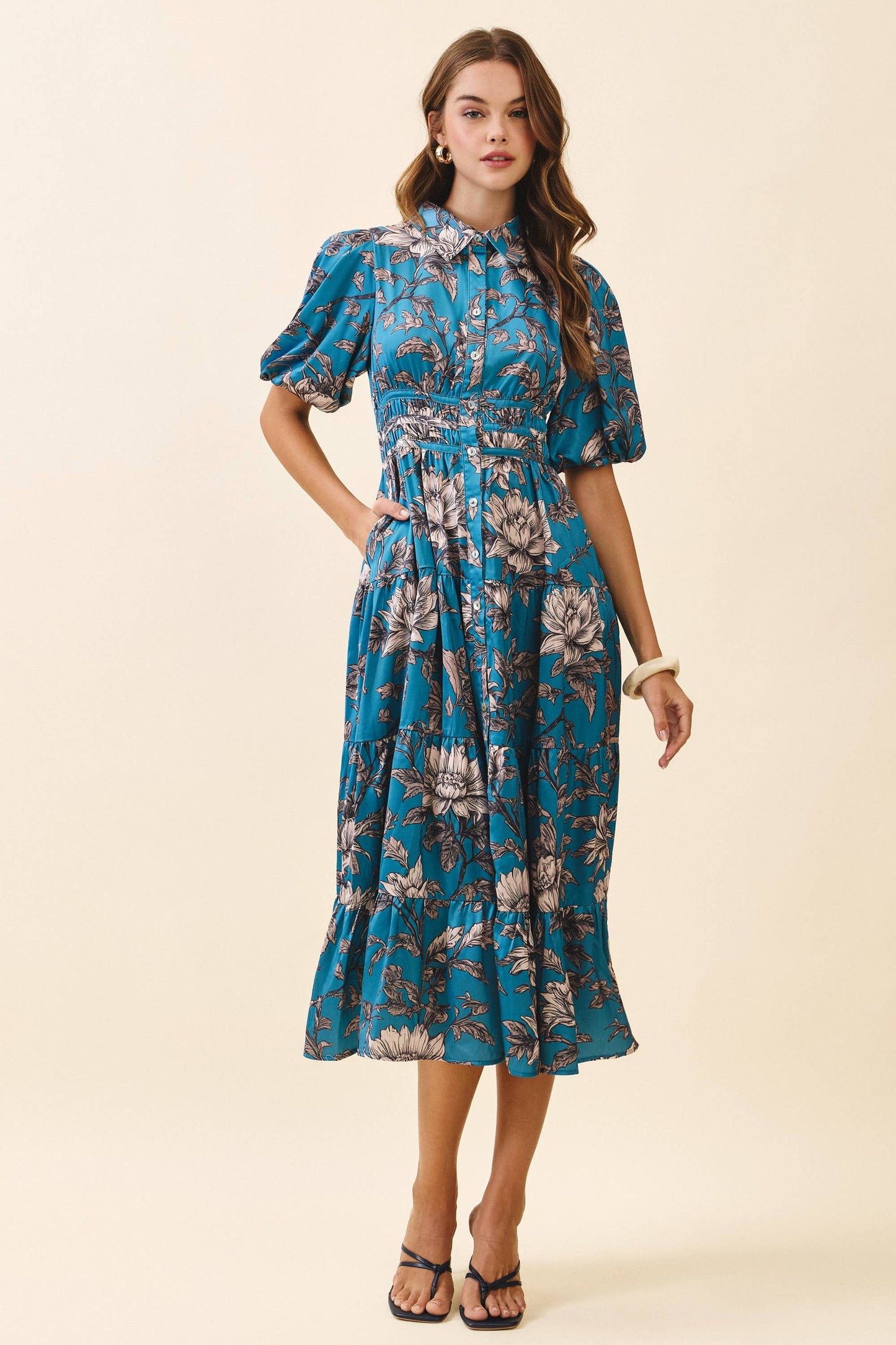 Floral Print Collared Neck Button Front Dress