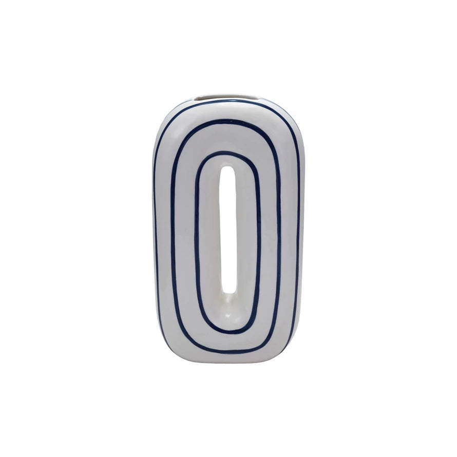 Ceramic O-Shaped Striped Vase, White & Navy Color