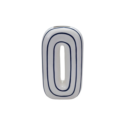 Ceramic O-Shaped Striped Vase, White & Navy Color