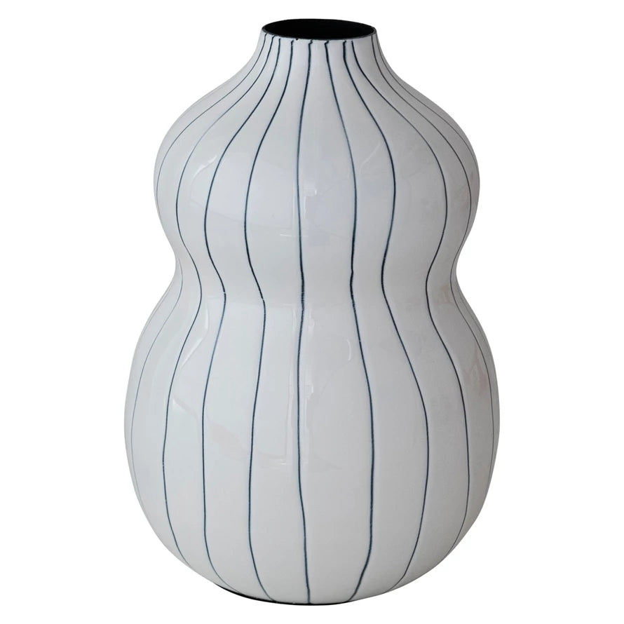 Enameled Metal Organic Striped Vase, White & Blue