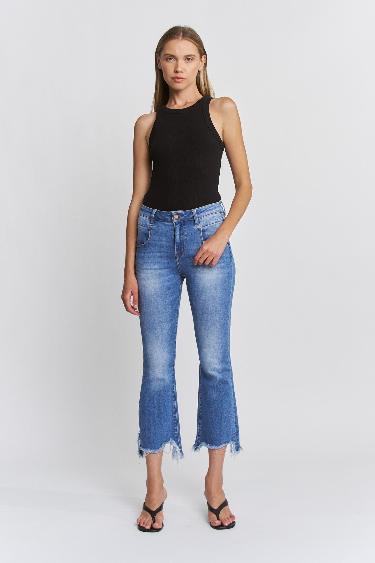 High Rise Crop Flare With Uneven Hem