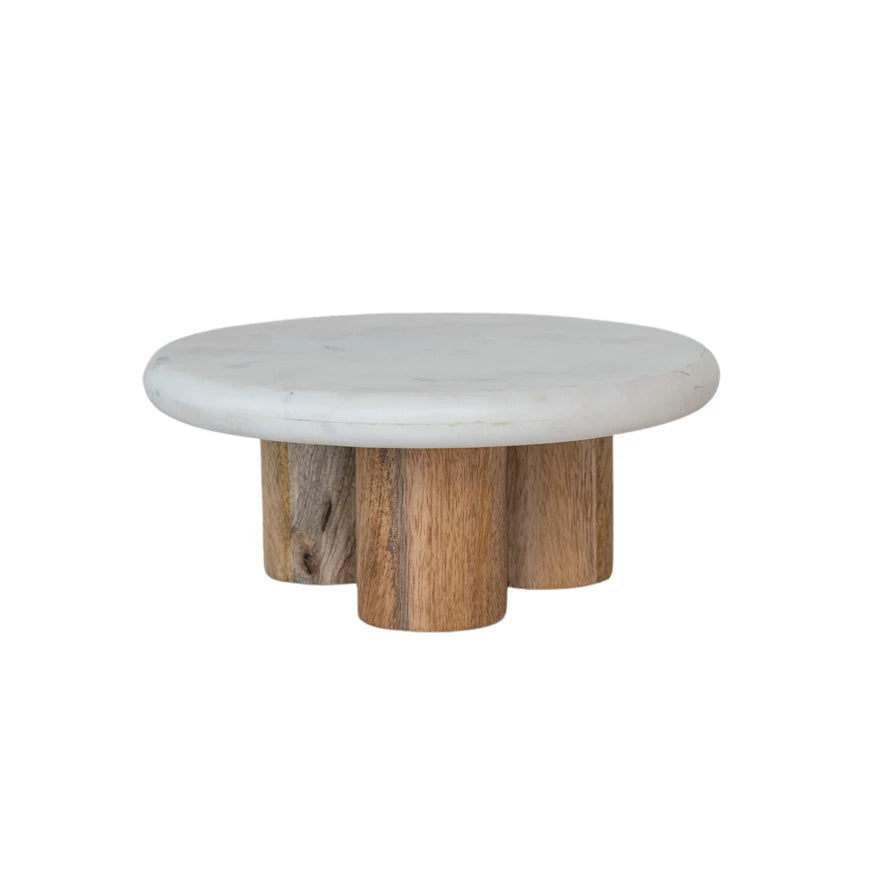 Marble Pedestal w/ Mango Wood Legs, White & Natural