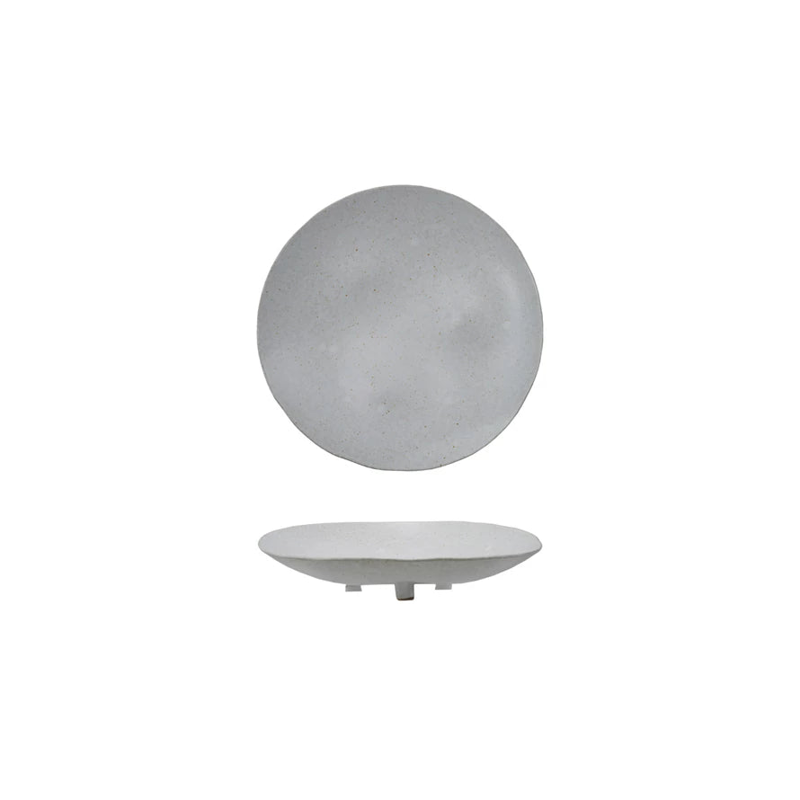 Stoneware Footed Platter, Reactive Glaze, Matte Cream Color Speckled
