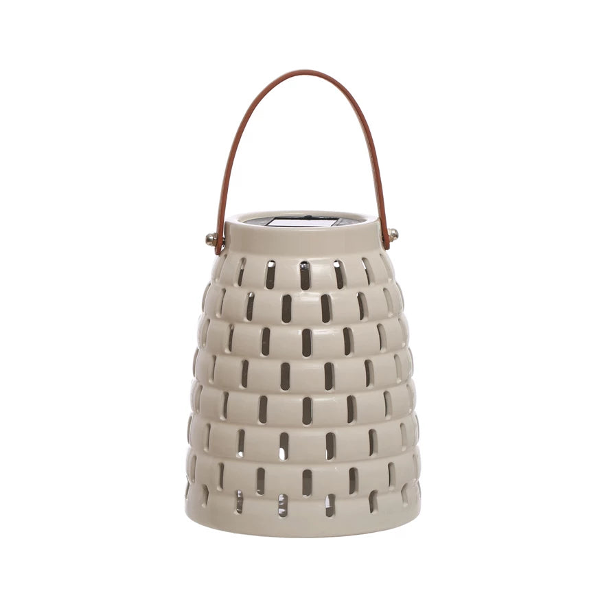 Stoneware LED Solar Powered Waterproof Lantern w/ Cut-Outs & Faux Leather Handle