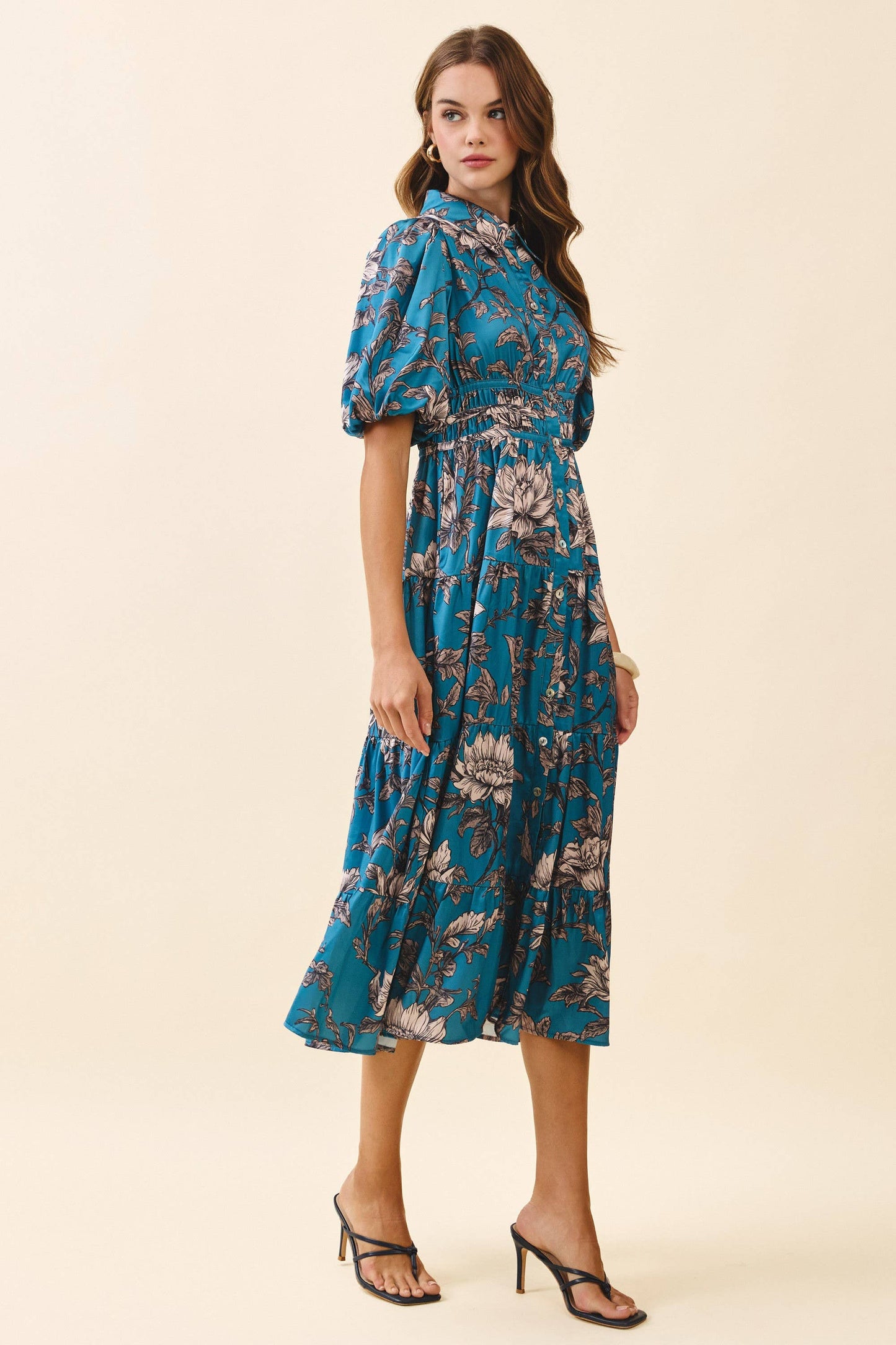 Floral Print Collared Neck Button Front Dress