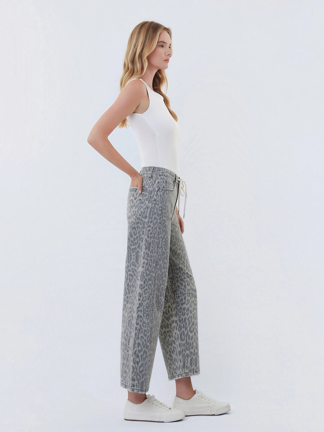 High Rise Drawstring Grey Leopard Barrel Jeans