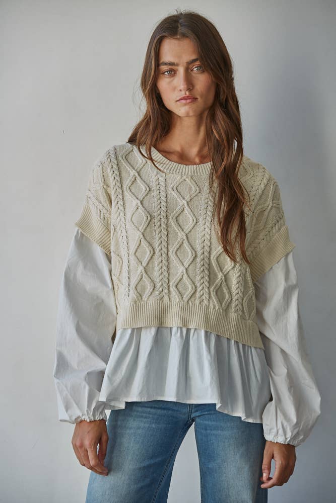 Knit Cotton Sleeve with Cable Knit Detail Vest