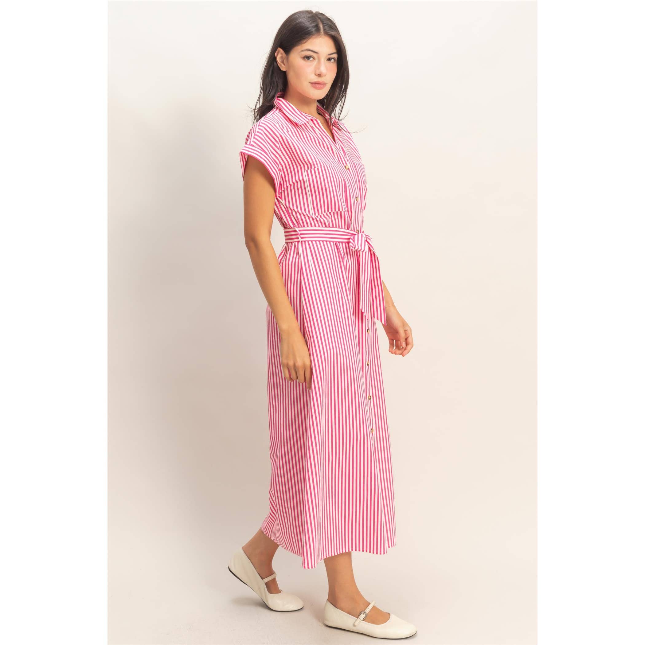 Striped Poplin Belted Shirt Dress With Pockets