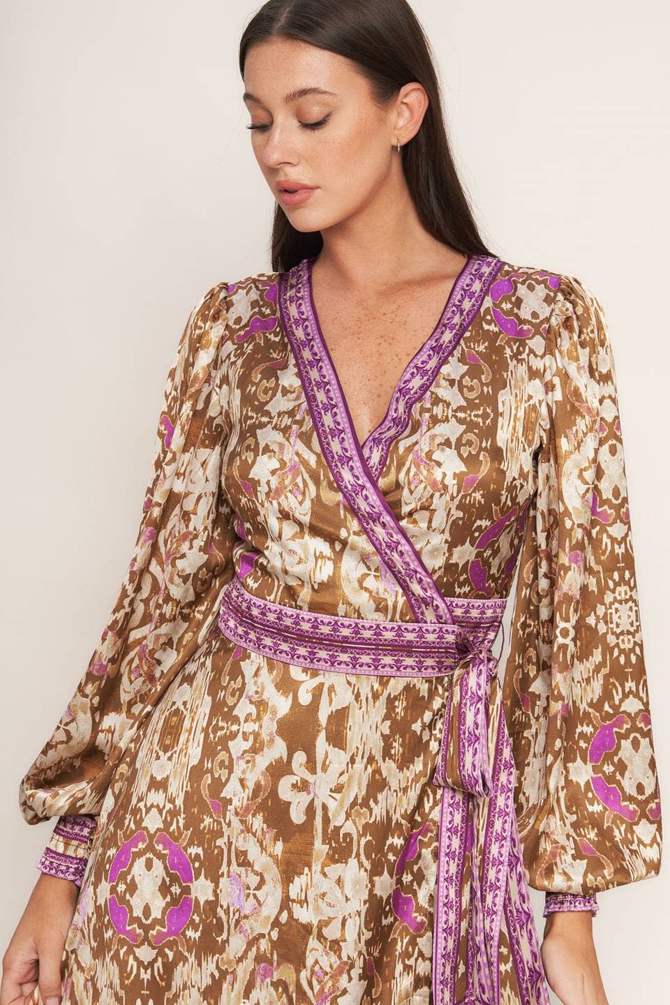 A printed woven midi true wrap dress