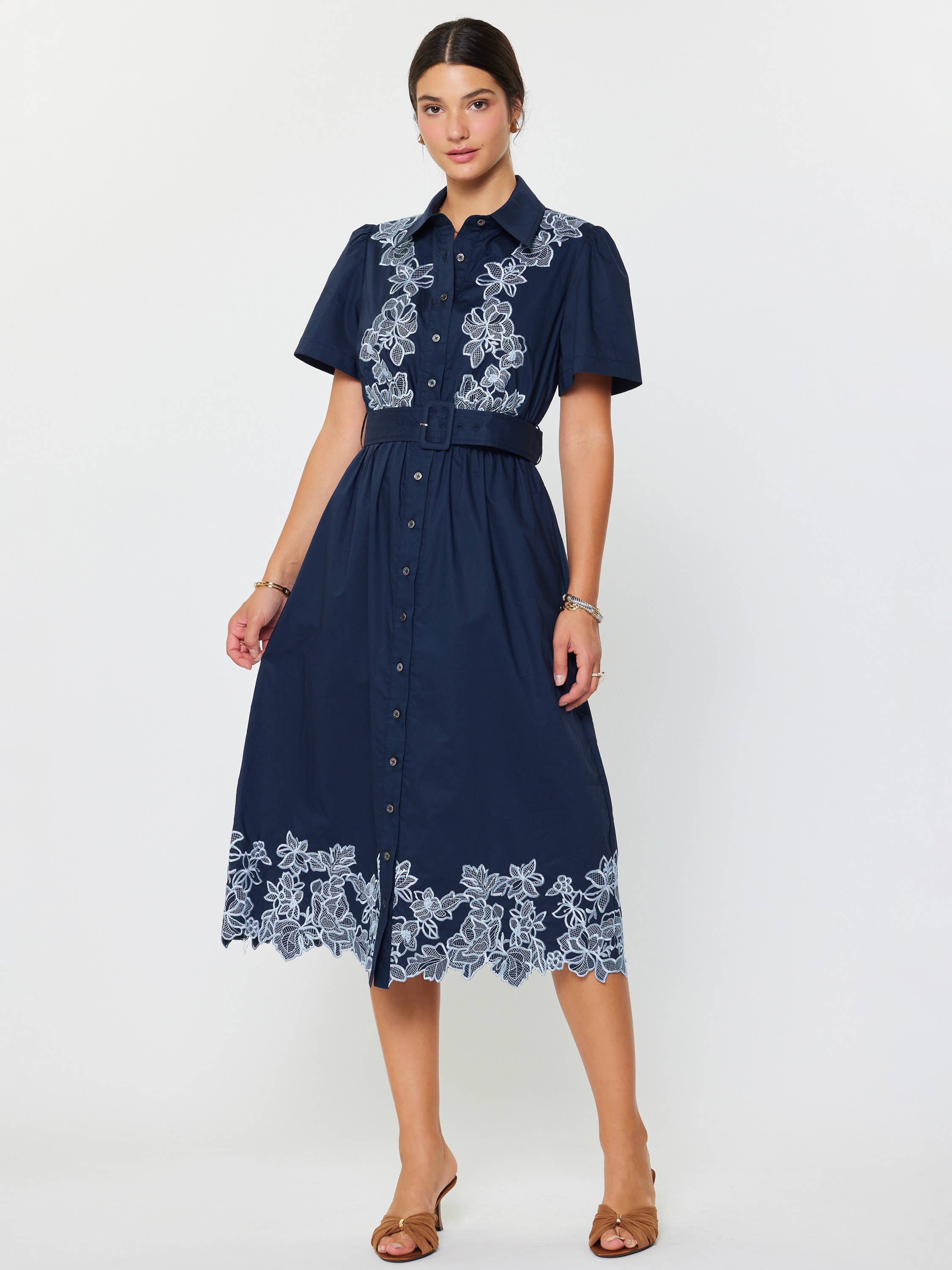 Embroidered Button Down Midi Dress