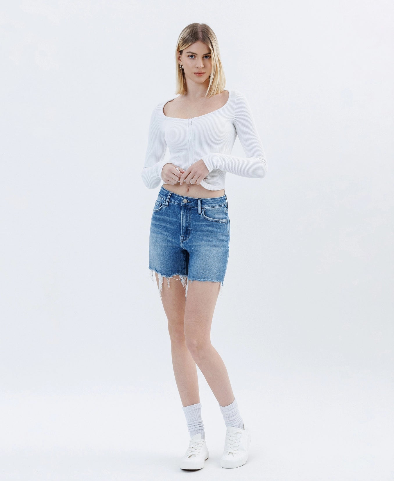 High Rise Raw Hem Boyfriend Shorts
