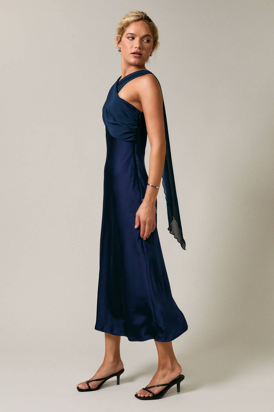 STRAPLESS CONTRAST SCARF DETAIL BIAS MIDI DRESS
