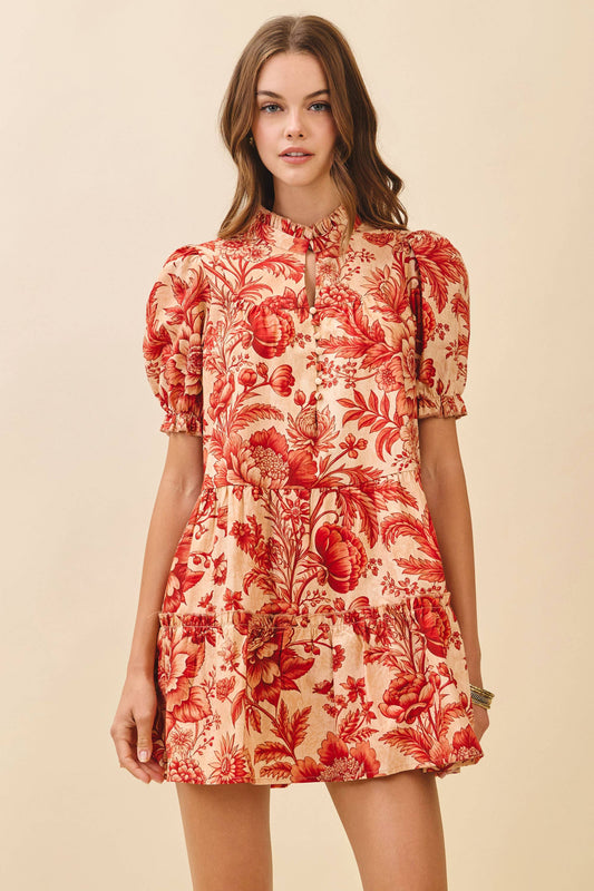 Floral Print Ruffled Mock Neckline Mini Dress