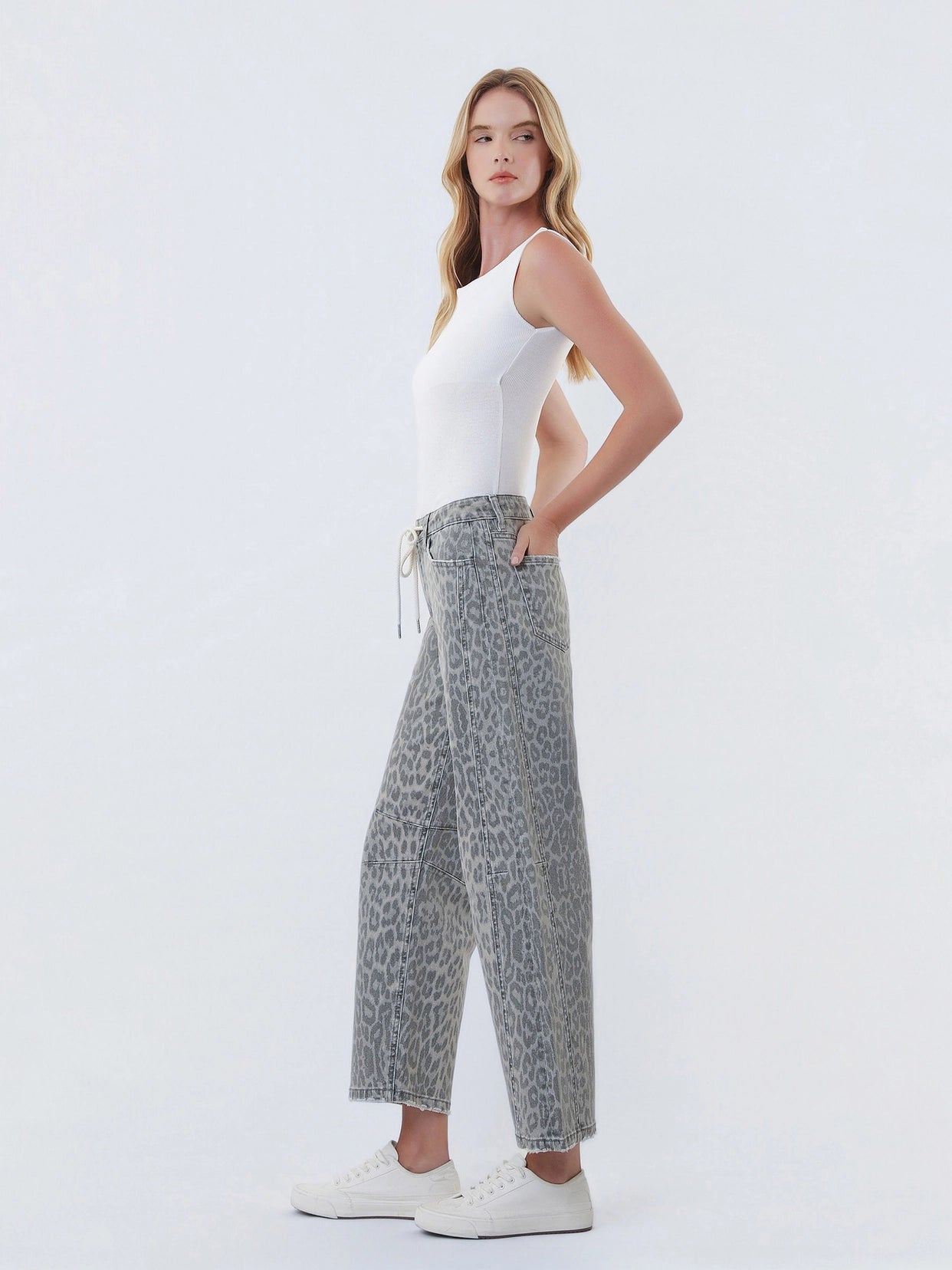 High Rise Drawstring Grey Leopard Barrel Jeans