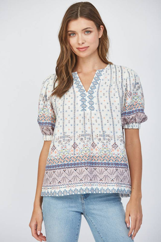 PLEAT DETAIL COTTON GAUZE SPLIT NECK TOP