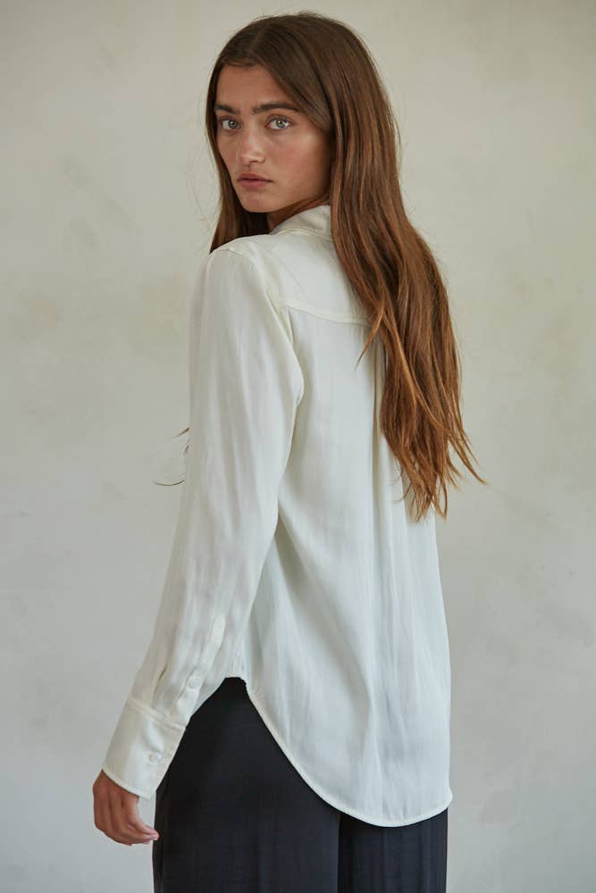 Woven Polyester Satin Button Down Long Sleeve Top