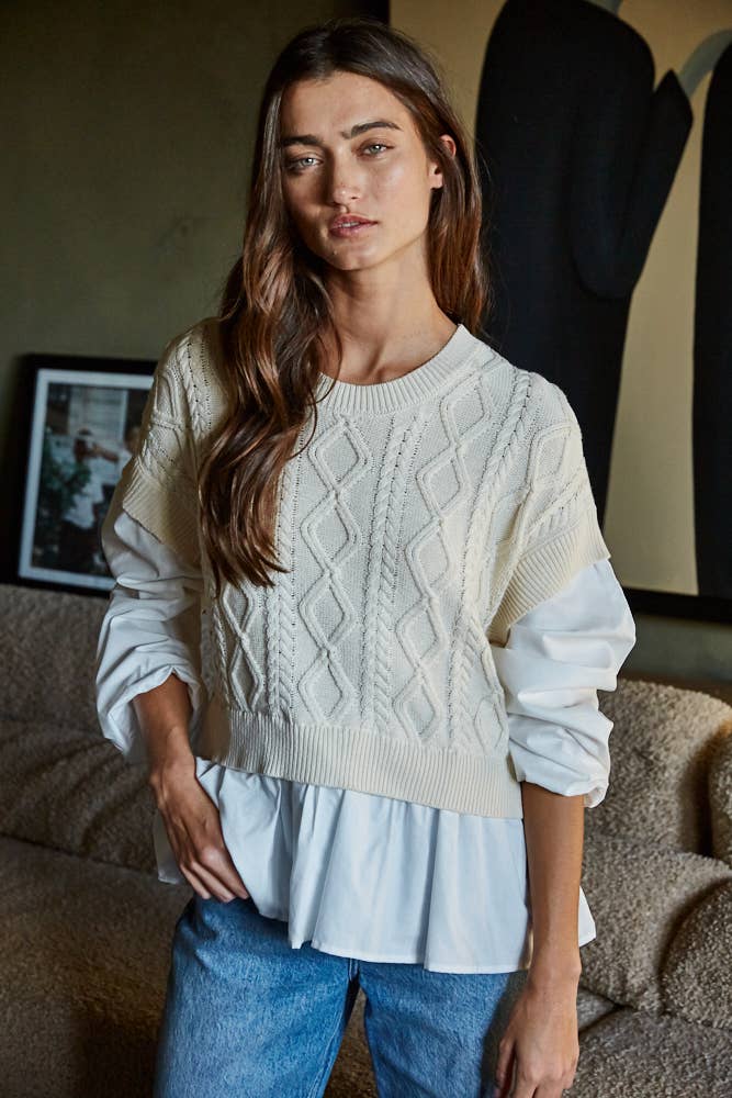 Knit Cotton Sleeve with Cable Knit Detail Vest