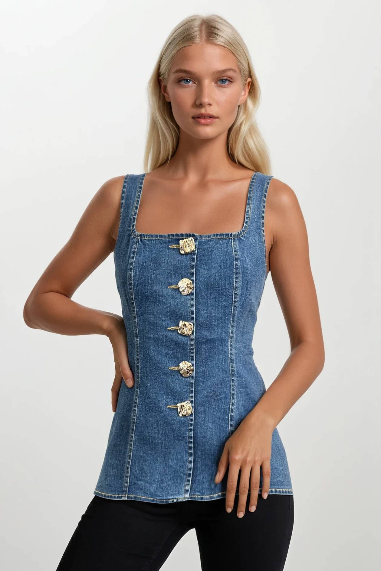 SQUARE NECK DENIM VEST WITH ORNATE GOLD BUTTONS
