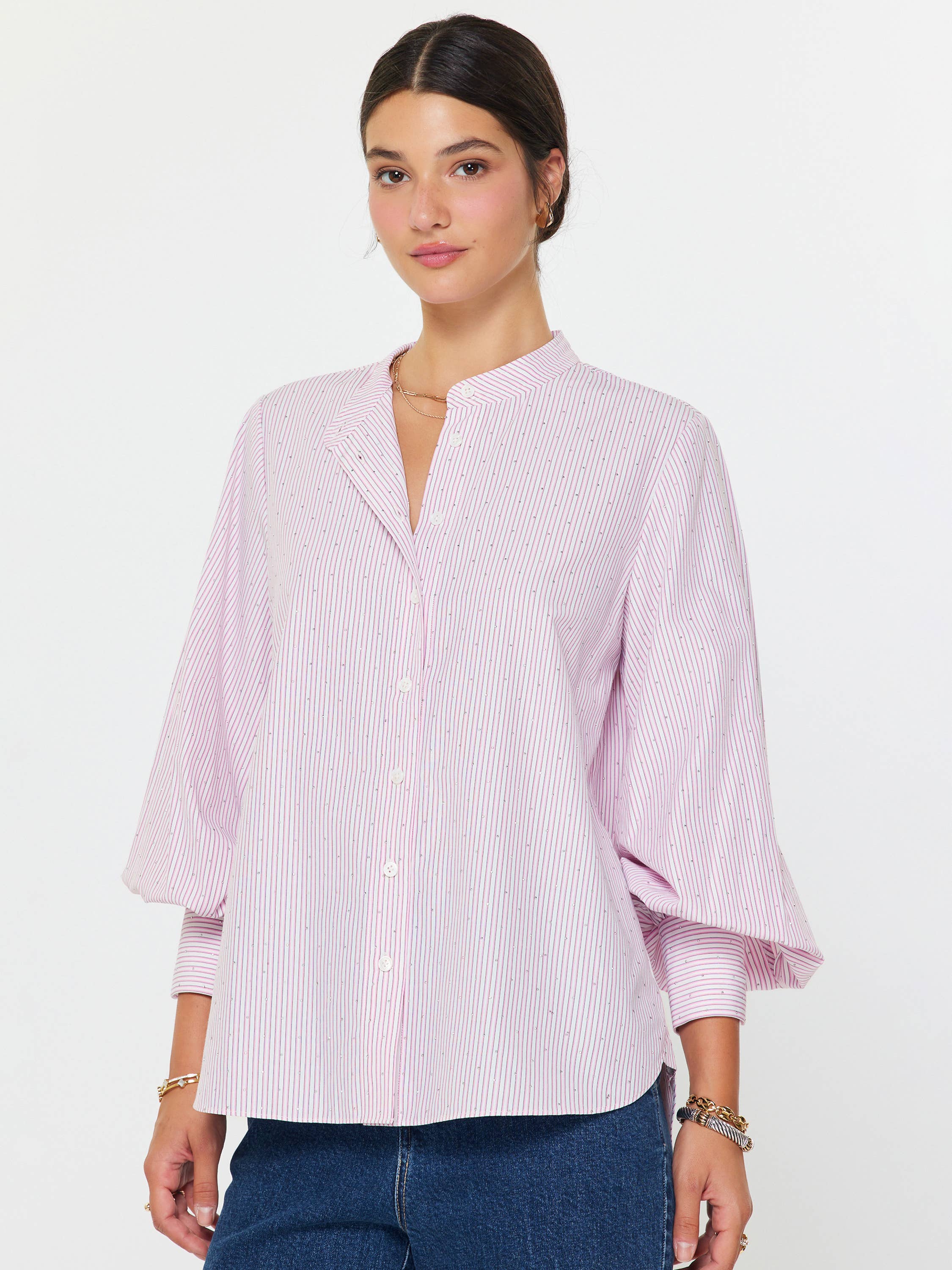 Striped Rhinestone Mandarin Collar Shirt
