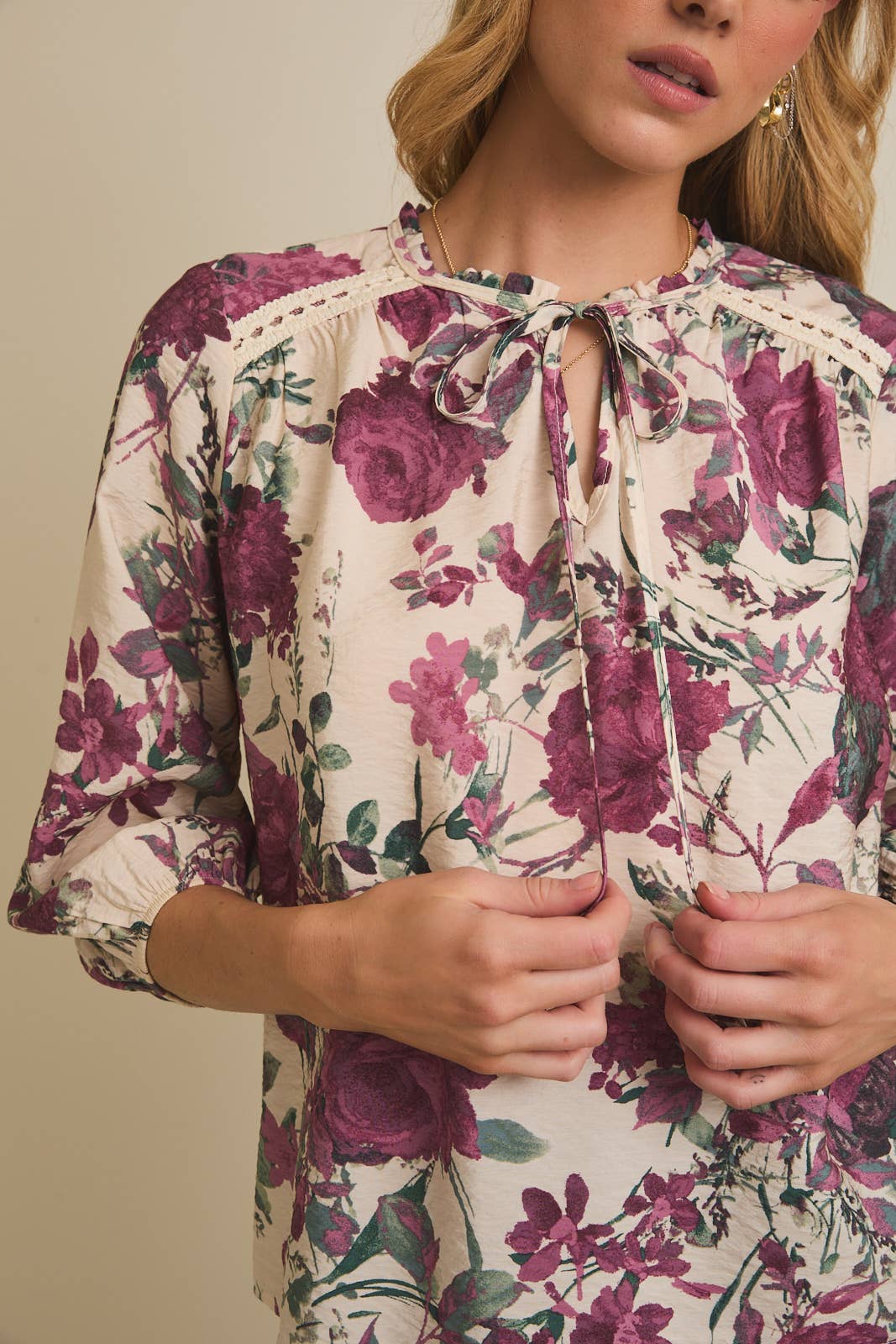 FRONT TIE RUFFLE DETAIL LONG SLEEVE FLORAL TOP