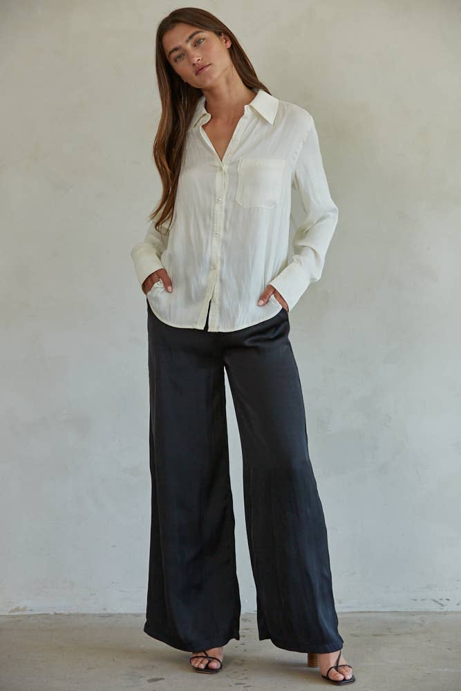 Woven Polyester Satin Button Down Long Sleeve Top