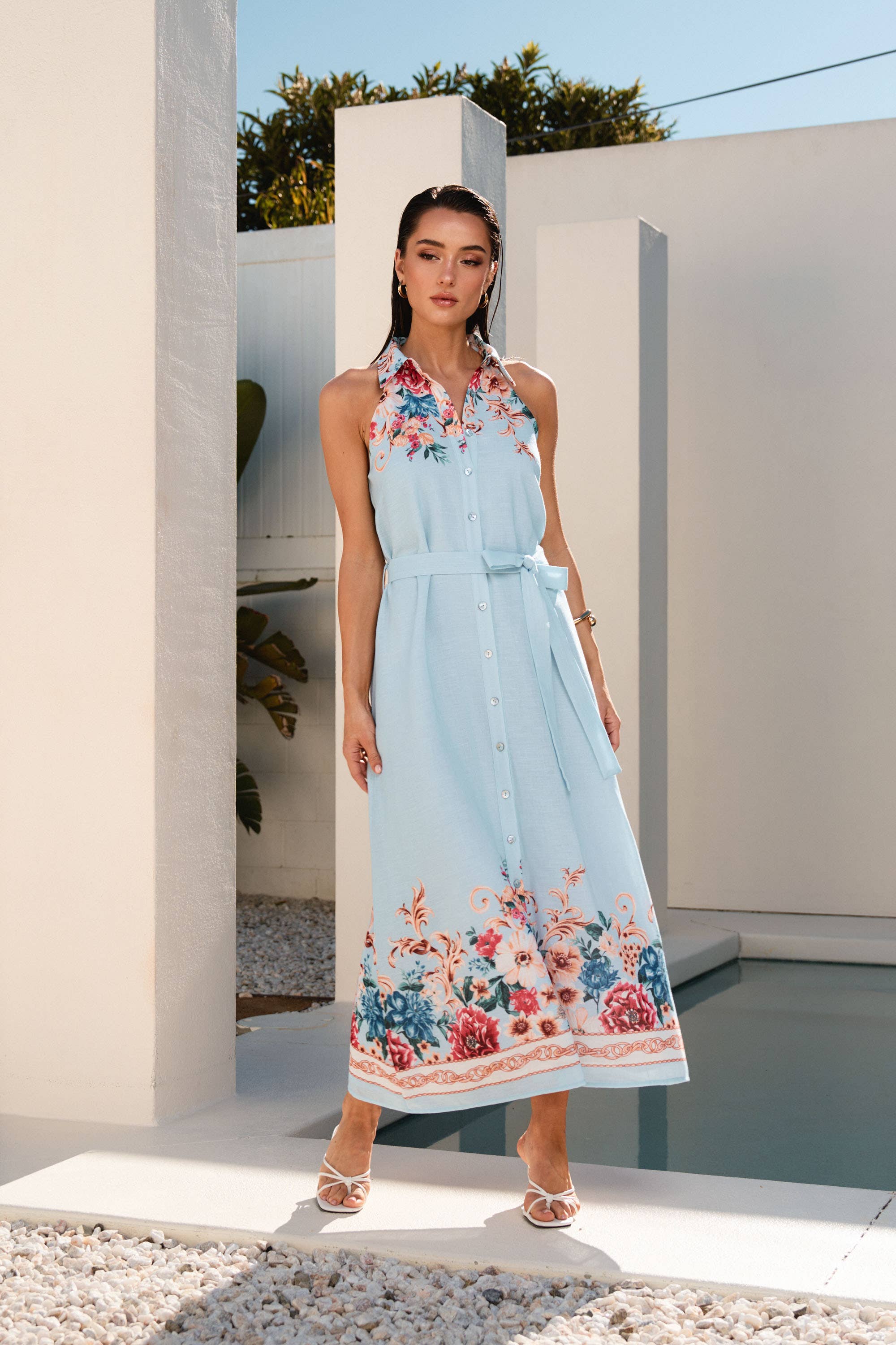 Floral button sleeveless maxi dress.