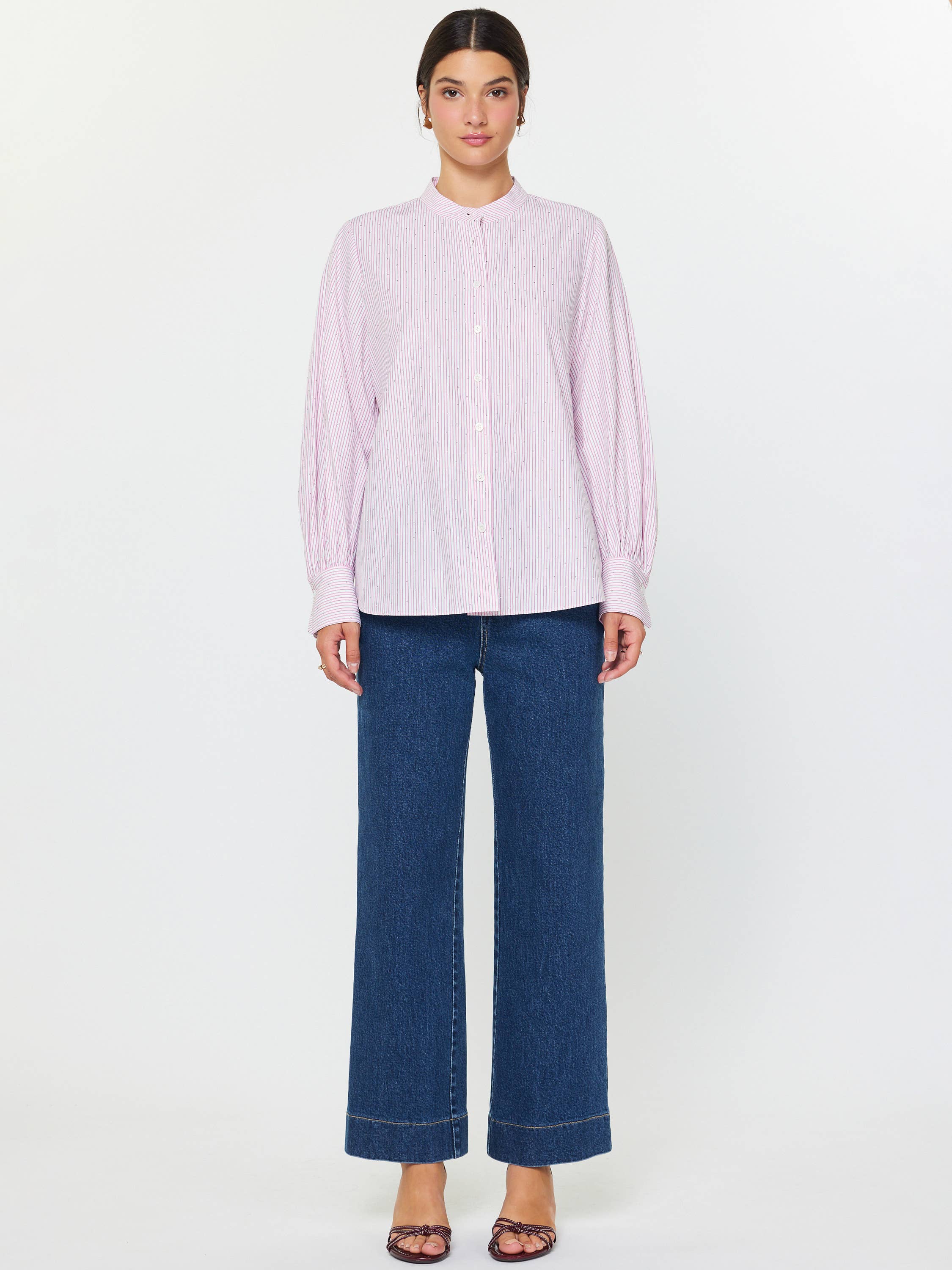 Striped Rhinestone Mandarin Collar Shirt