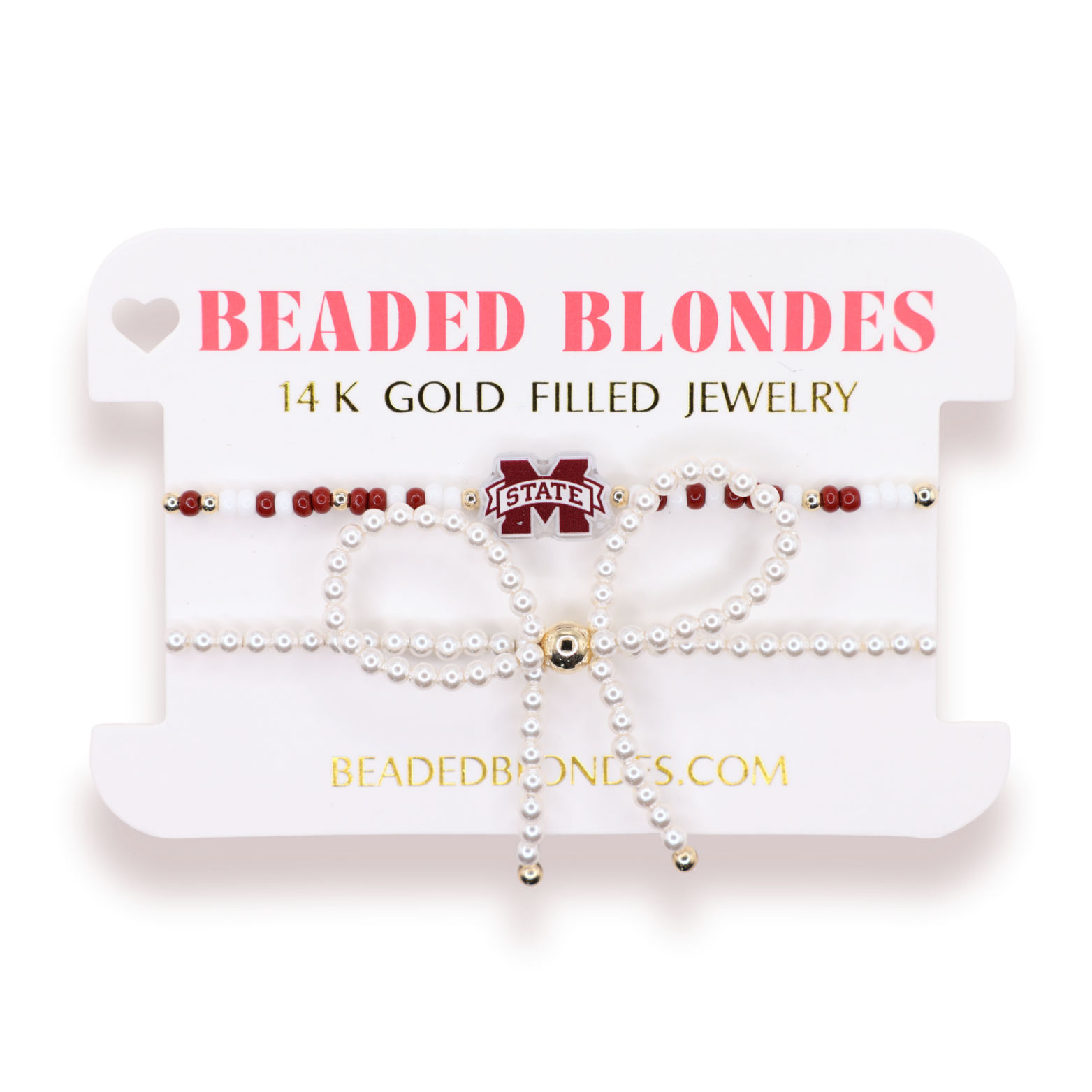 Mississippi State Logo Bracelet + Pearl Bow Stack of 2