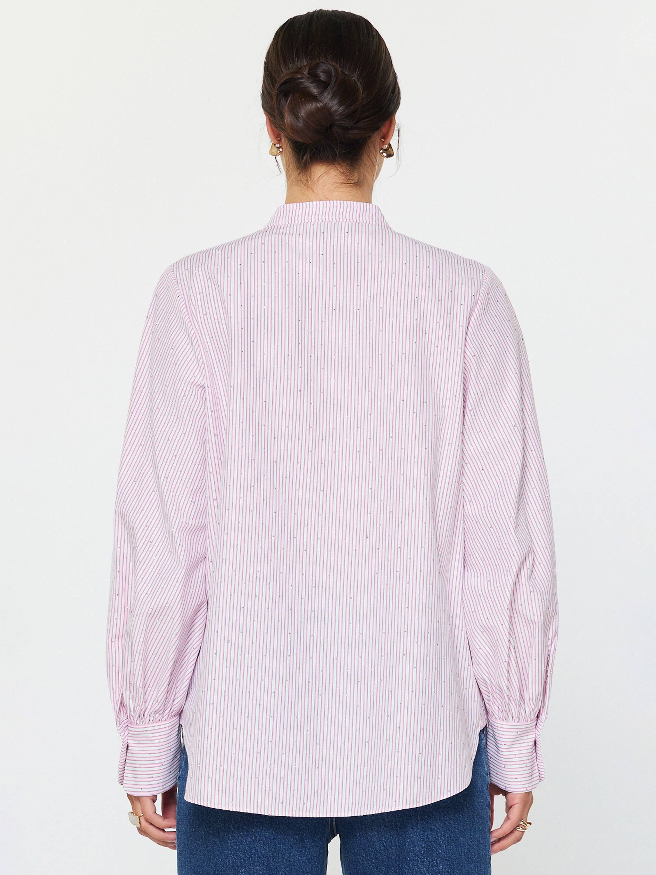 Striped Rhinestone Mandarin Collar Shirt