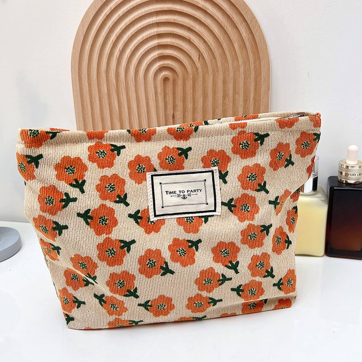 CORDUROY RETRO FLORAL LARGE CAPACITY MAKEUP BAG