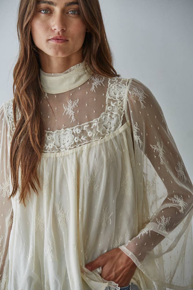 Lace Mock Neck Long Bell Sleeve Blouse