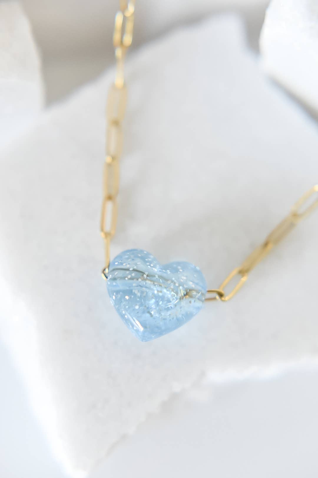 Bella acrylic heart charm necklace | paperclip | blue