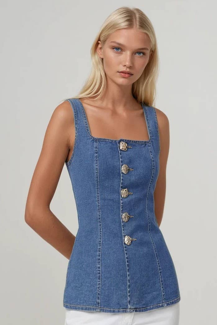 SQUARE NECK DENIM VEST WITH ORNATE GOLD BUTTONS