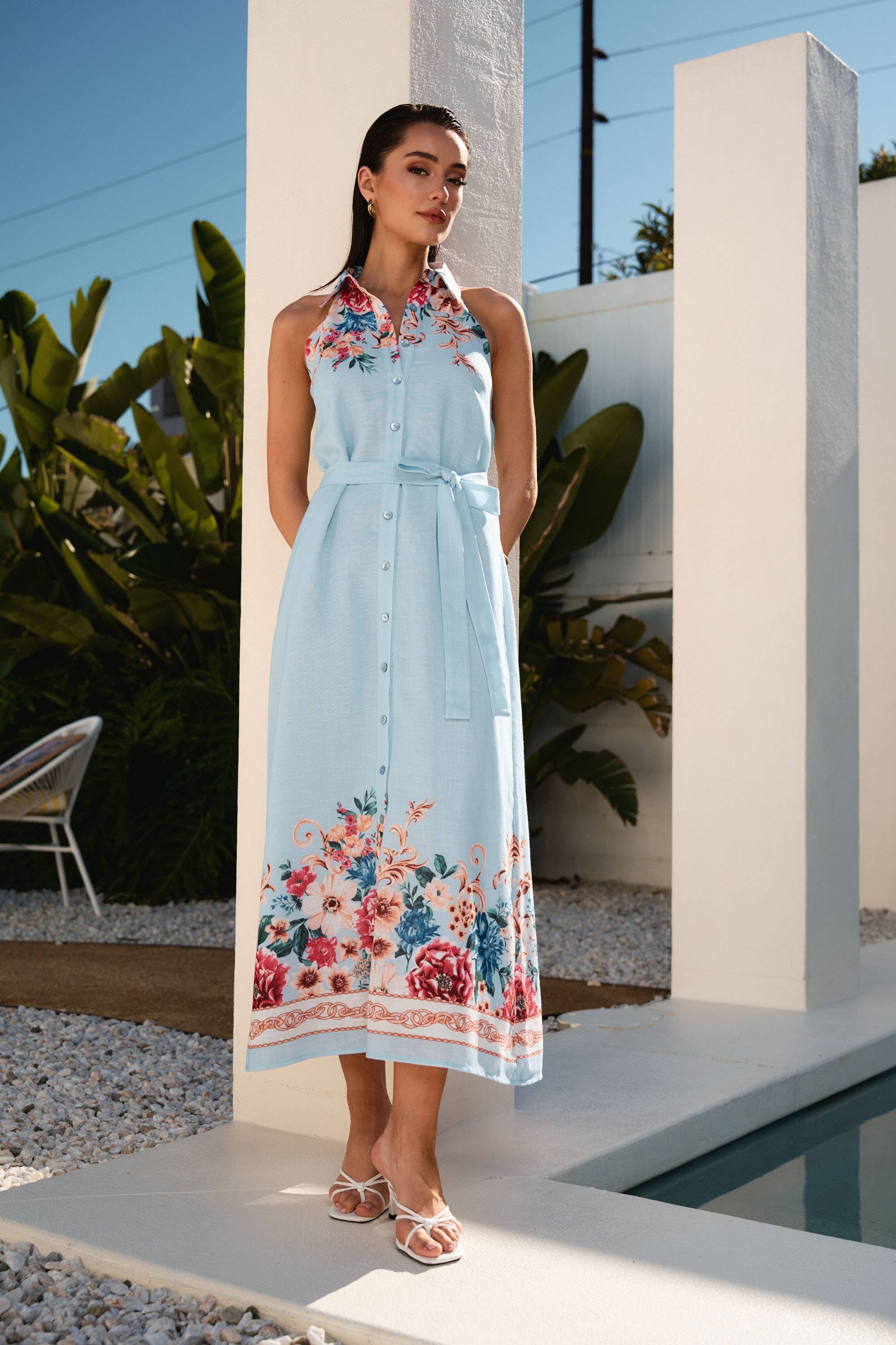 Floral button sleeveless maxi dress.
