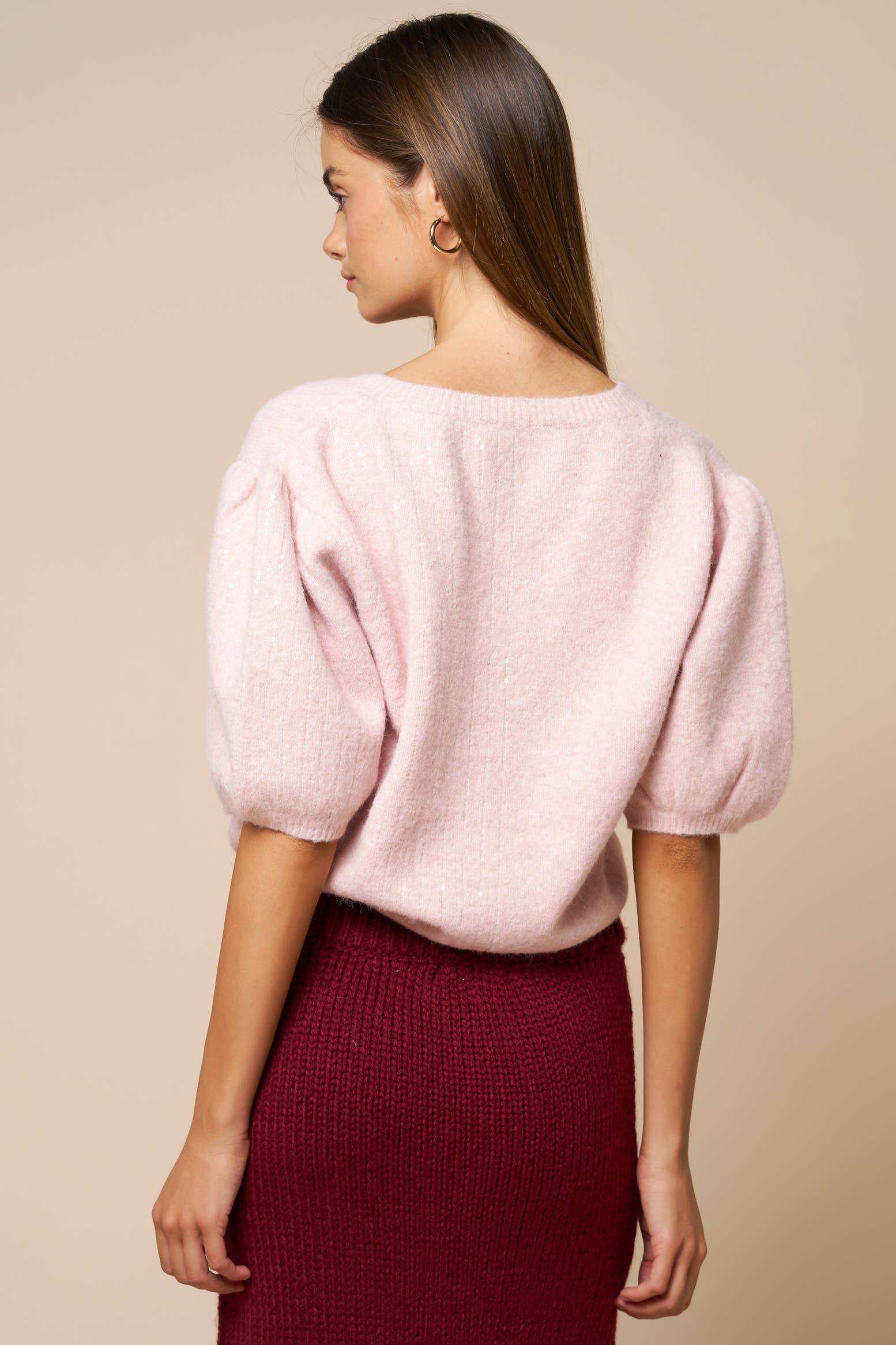 Mix Sequin Block Puff Sleeve Cropped Sweater