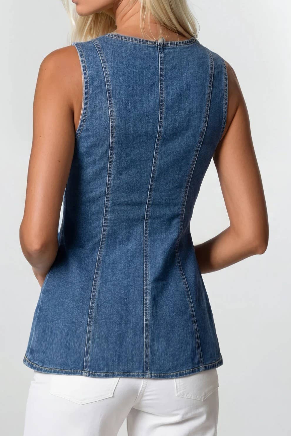 SQUARE NECK DENIM VEST WITH ORNATE GOLD BUTTONS