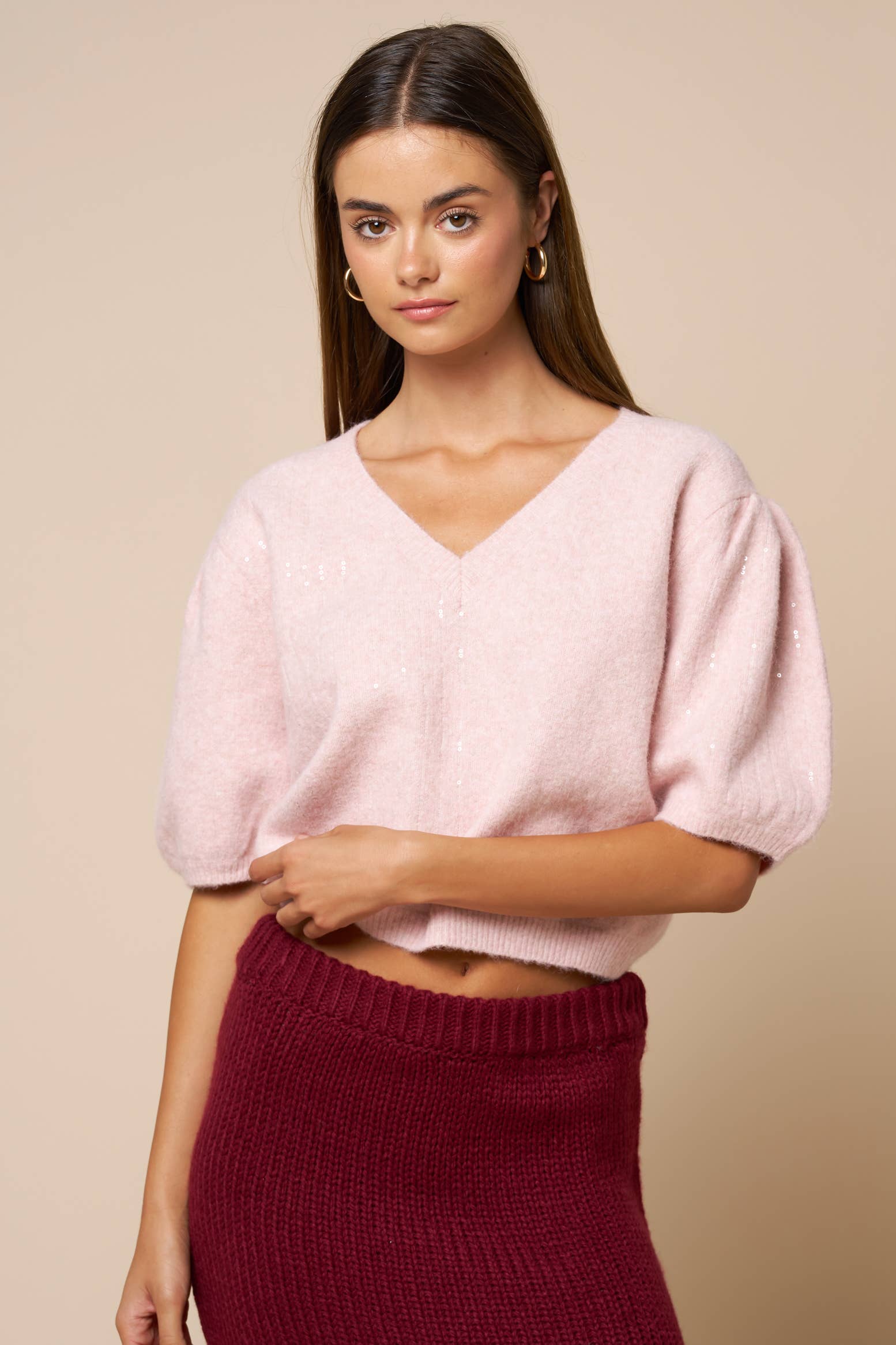 Mix Sequin Block Puff Sleeve Cropped Sweater