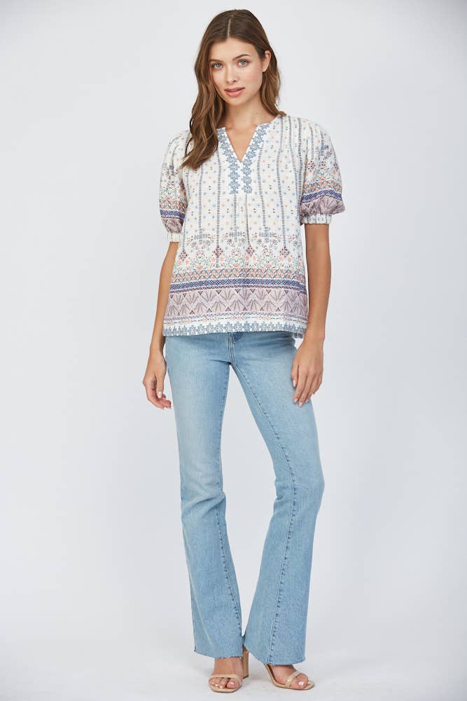 PLEAT DETAIL COTTON GAUZE SPLIT NECK TOP