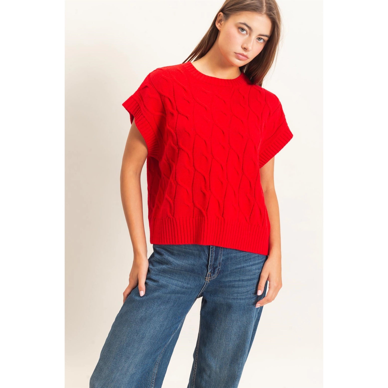 Cable Knit Cap Sleeve Sweater