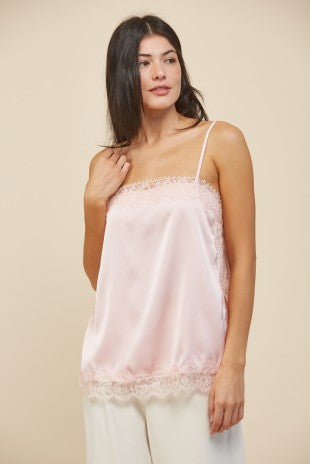Satin Longline Cami Top With Lace Edge