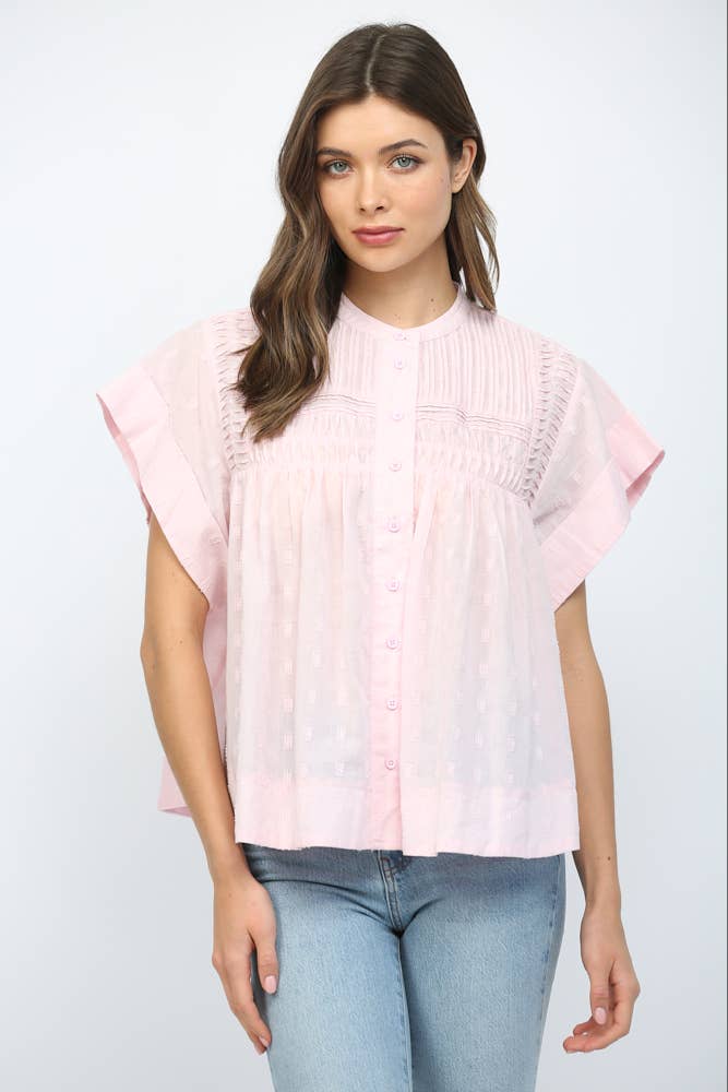 SLEEVLESS RUFFLED BUTTON UP TOP