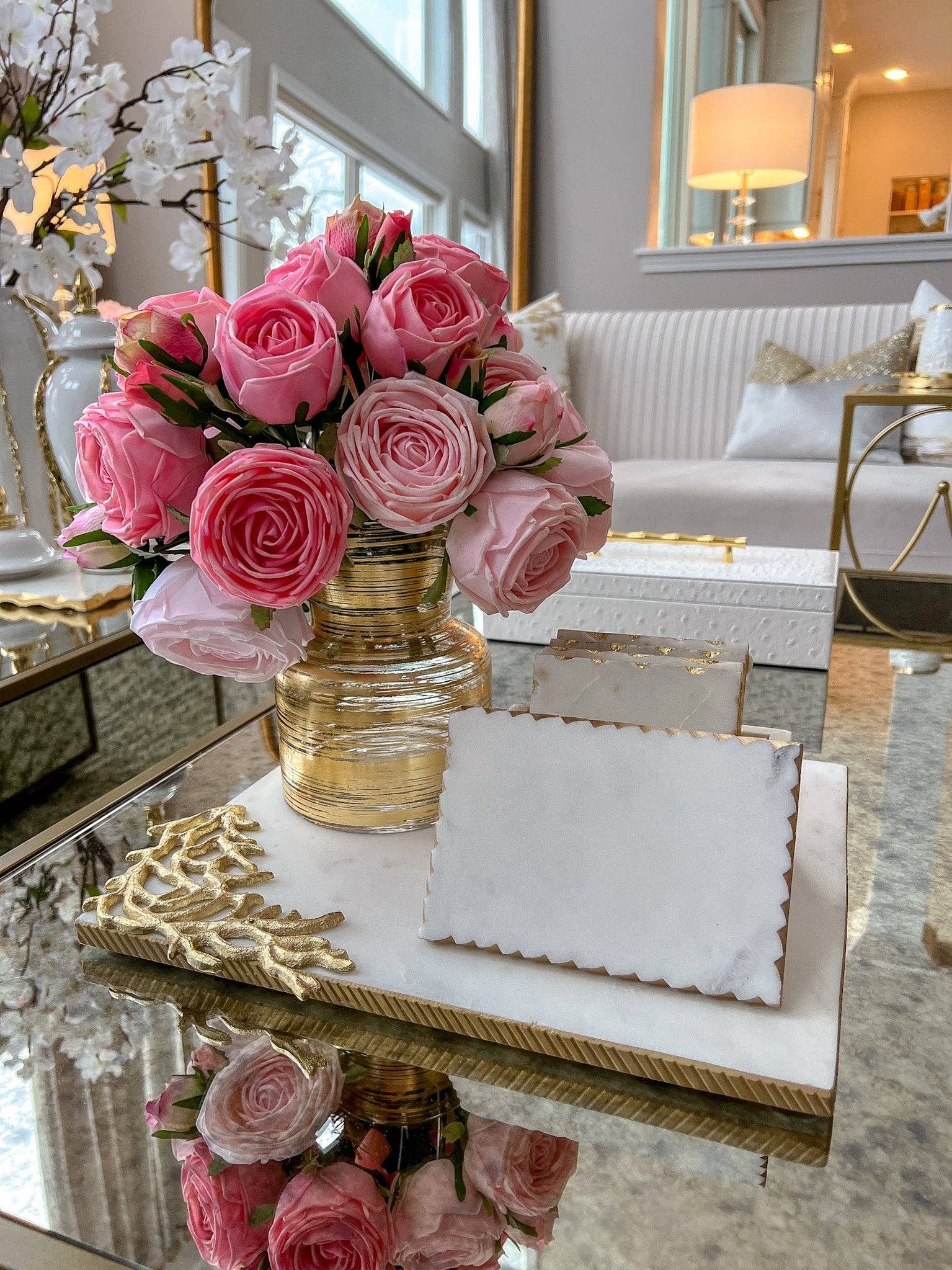 White Marble Decorative Box W/ Cover Gold Dimensional Border