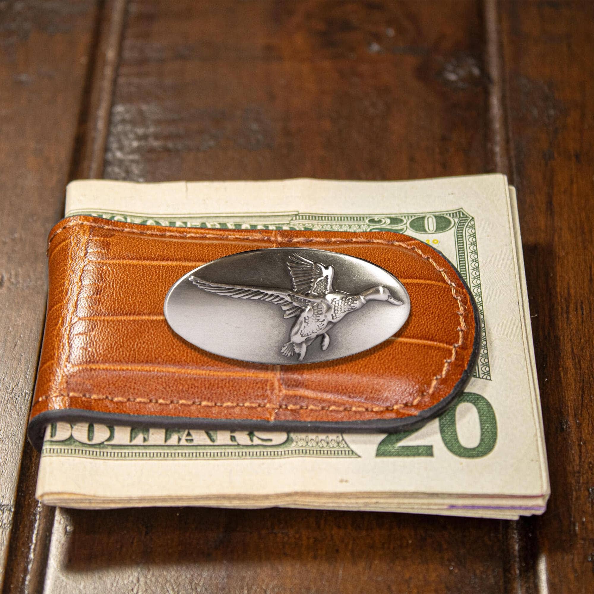 Mallard Leather Magnetic Money Clip Wallet - Slim Front Pocket Silver Emblem - 6 Colors