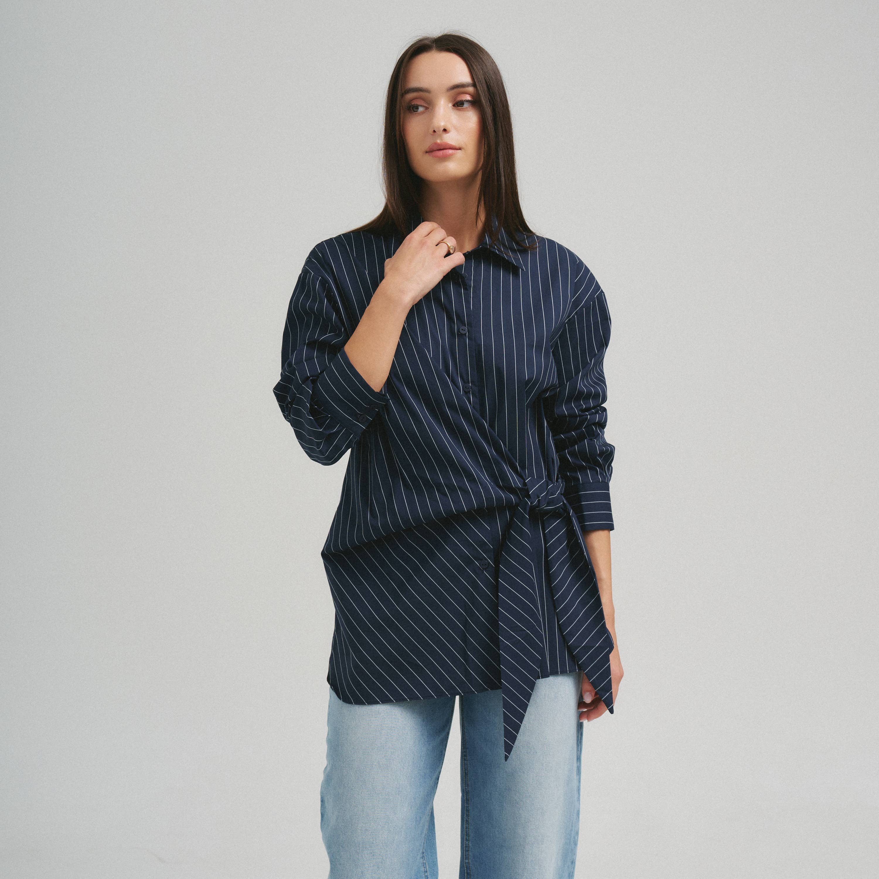 Asymmetrical tie waist shirt
