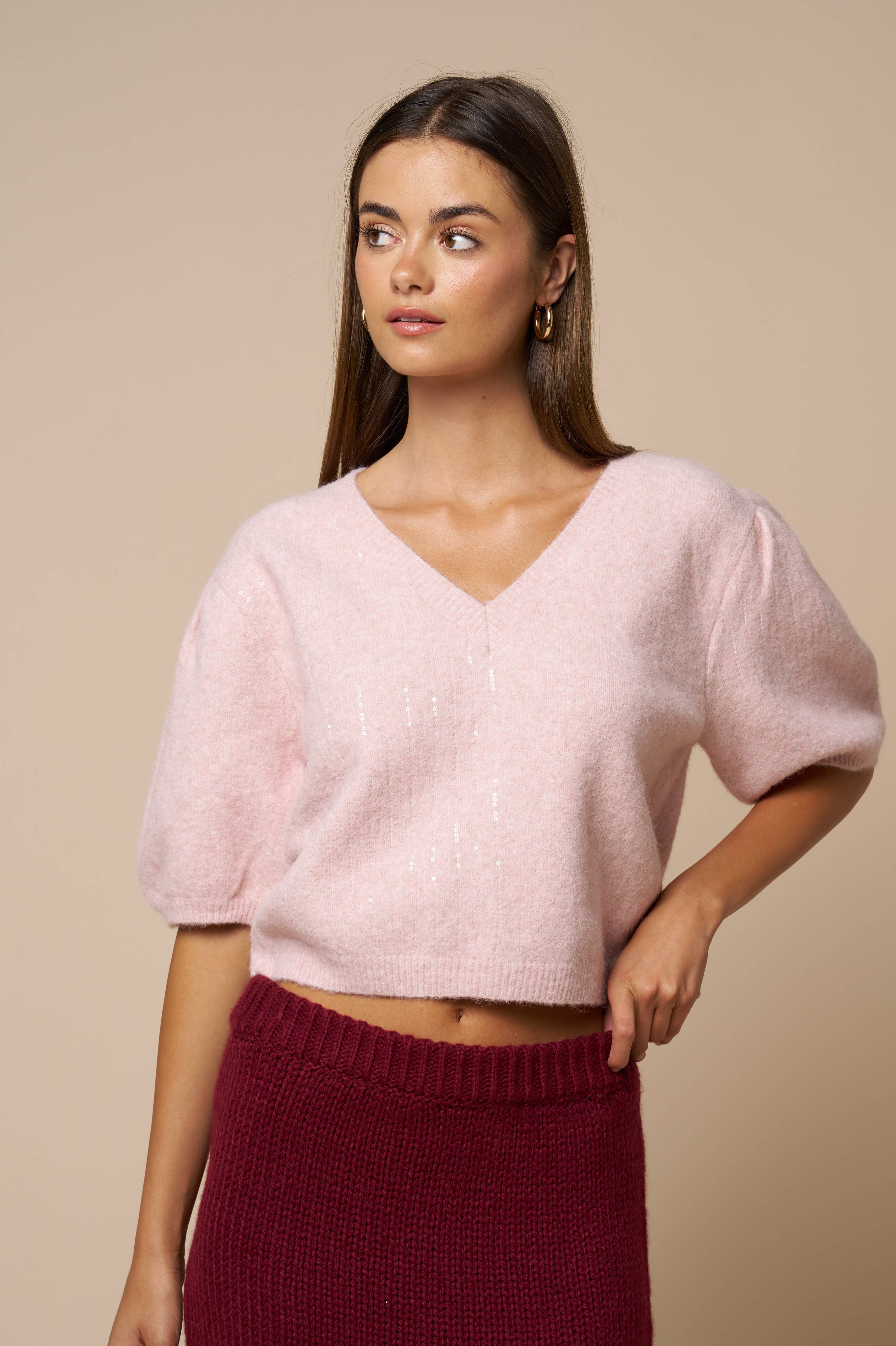 Mix Sequin Block Puff Sleeve Cropped Sweater